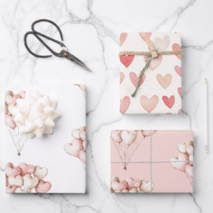 Blush Pink Cream Hearts Balloons Birthday Wrapping Paper Sheet