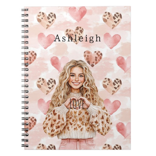Blush Pink Cream Leopard Hearts Notebook (Front)