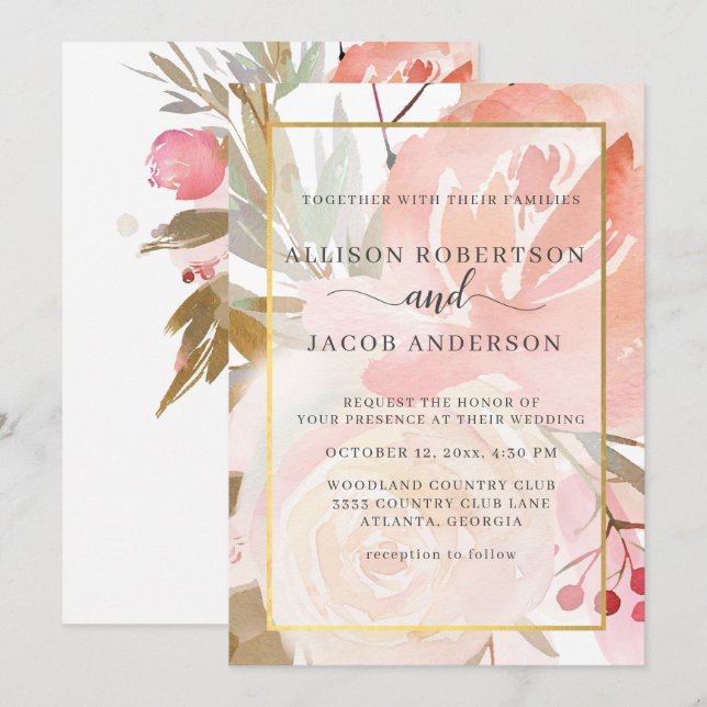 Blush Pink Cream Peach Sage Green Gold Wedding Invitation (Front/Back)