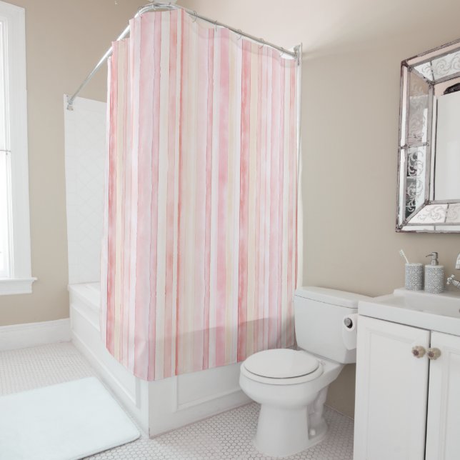 Blush Pink Cream Stripes Shower Curtain (In Situ)
