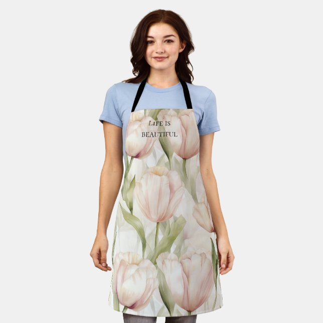 Blush Pink Cream Tulips Floral Bridal Shower Apron (Worn)