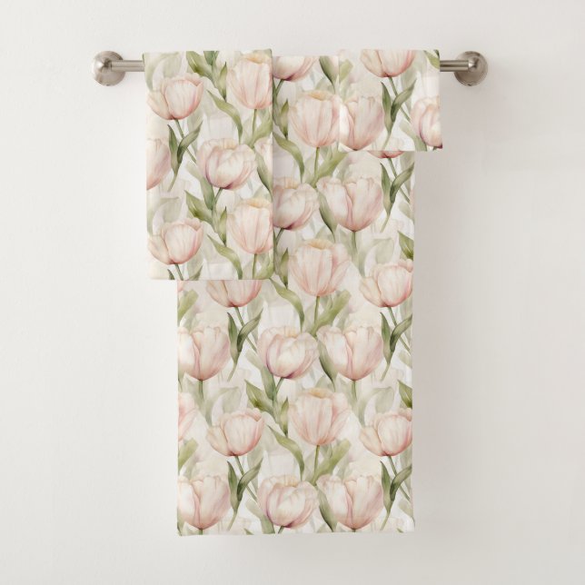 Blush Pink Cream Tulips Floral Bridal Shower Bath Towel Set (Insitu)
