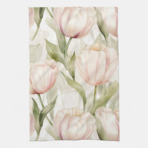 Blush Pink Cream Tulips Floral Bridal Shower Tea Towel