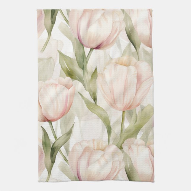 Blush Pink Cream Tulips Floral Bridal Shower Tea Towel (Vertical)