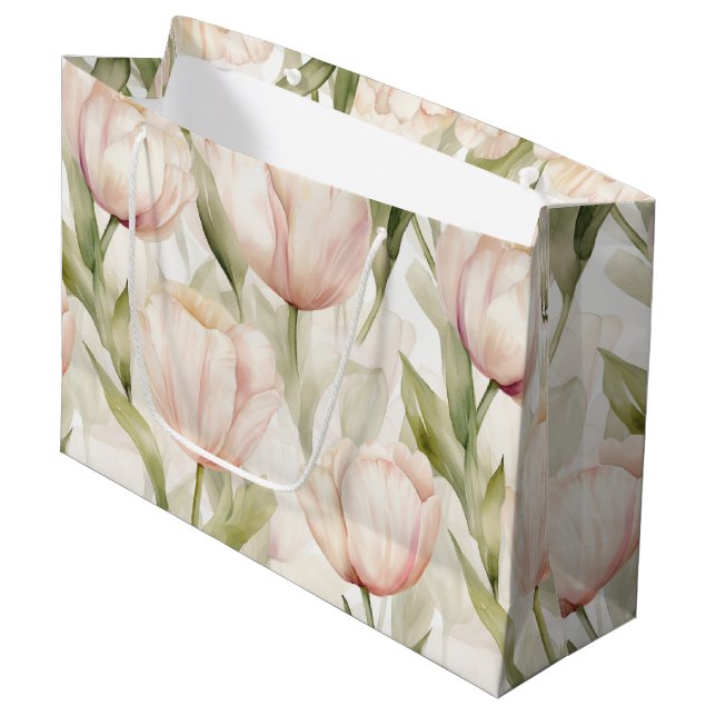 Blush Pink Cream Tulips Floral Wedding Large Gift Bag (Front Angled)