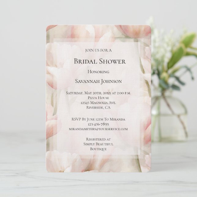 Blush Pink Cream Tulips Flowers Bridal Shower Invitation (Standing Front)