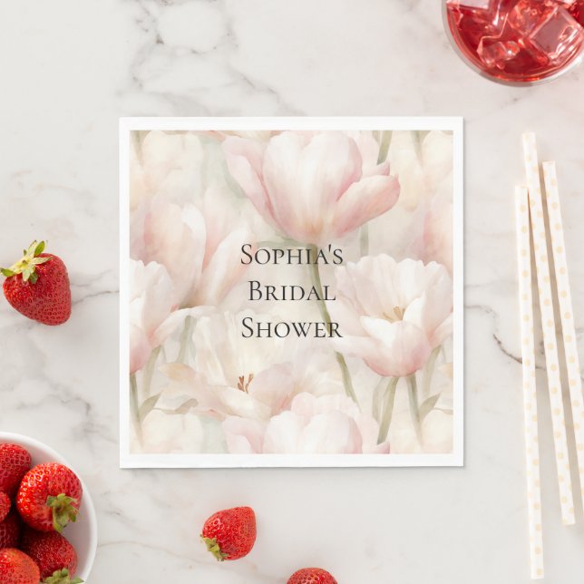 Blush Pink Cream Tulips Flowers Bridal Shower Napkin (Insitu)