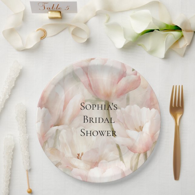 Blush Pink Cream Tulips Flowers Bridal Shower Paper Plate (Wedding)