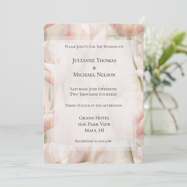 Blush Pink Cream Tulips Flowers Romantic Wedding Invitation (Standing Front)