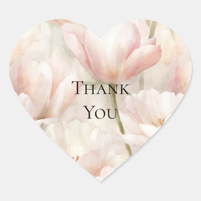 Blush Pink Cream Tulips Flowers Thank You Heart Sticker (Front)