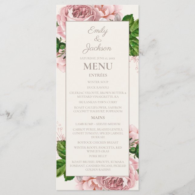Blush Pink Cream Vintage Floral Wedding Menu (Front)