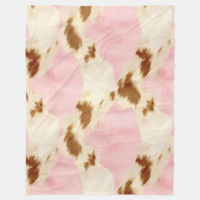 Blush Pink Cream White Brown Cowhide Fleece Blanket (Front)
