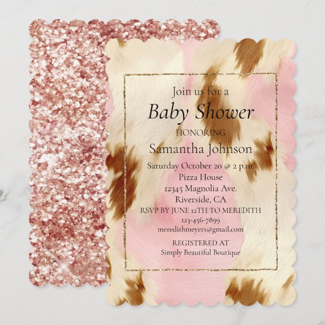 Blush Pink Cream White Brown Cowhide Invitation (Front/Back)