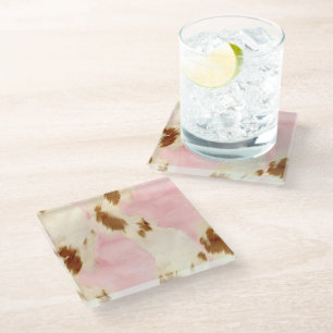 Blush Pink Cream White Gold Cowhide Glass Coaster