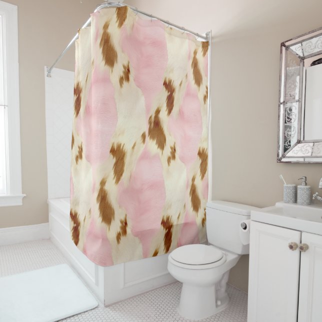 Blush Pink Cream White Gold Cowhide Shower Curtain (In Situ)