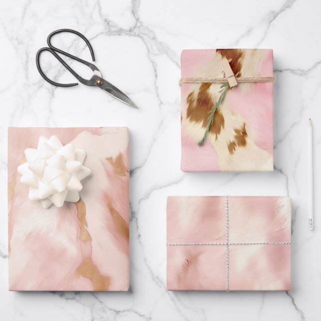 Blush Pink Cream White Gold Cowhide Wrapping Paper Sheet (Front)