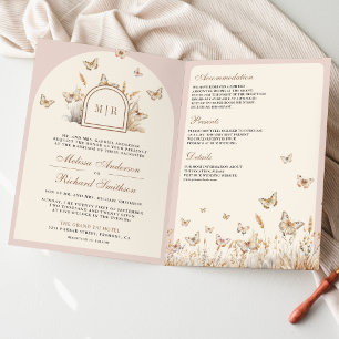 Blush Pink Cream Wildflower Butterfly Arch Wedding Invitation
