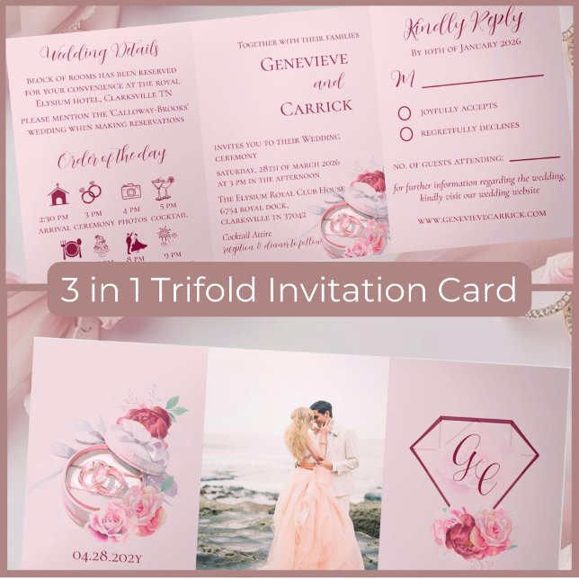Blush Pink & Crimson Red Floral Wedding  Tri-Fold Card (Creator Uploaded)