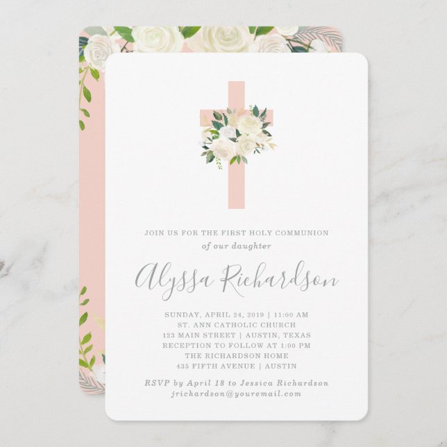 Blush Pink Cross and Flowers First Holy Communion Invitation (Front/Back)