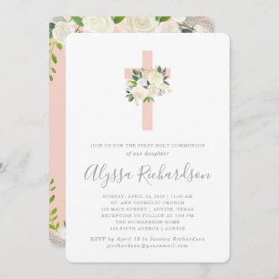 Blush Pink Cross and Flowers First Holy Communion Invitation
