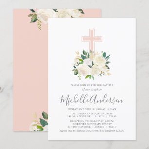 Blush Pink Cross with Cream Florals, Girl Baptism Invitation