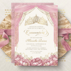 Blush Pink Crown Flowers Quinceanera Invitation