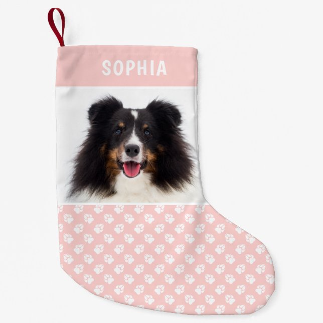 Blush Pink Custom Pet Photo With White Paws & Name Small Christmas Stocking (Front)