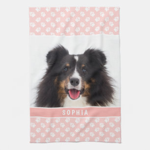 Blush Pink Custom Pet Photo With White Paws & Name Tea Towel