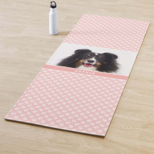 Blush Pink Custom Pet Photo With White Paws & Name Yoga Mat (In Situ)
