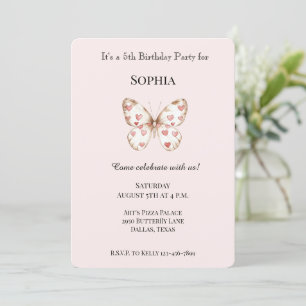 Blush Pink Cute Butterfly Red Hearts Birthday Invitation