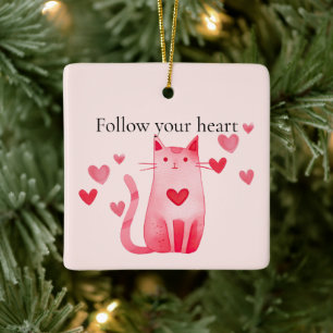 Blush Pink Cute Cat Hearts Ceramic Ornament