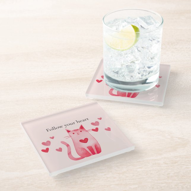 Blush Pink Cute Cat Hearts  Glass Coaster (Angled)