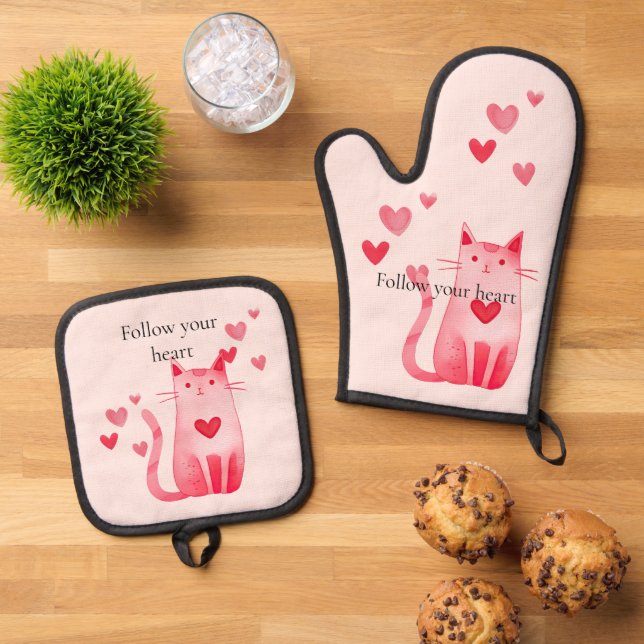 Blush Pink Cute Cat Hearts  Oven Mitt & Pot Holder Set (Top Down)