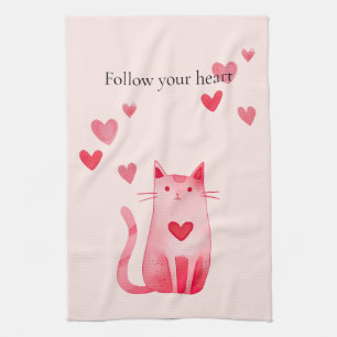Blush Pink Cute Cat Hearts  Tea Towel