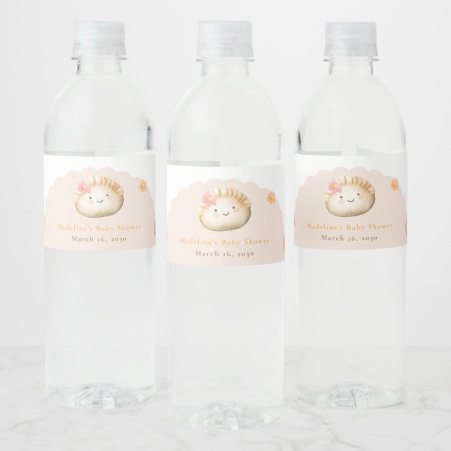 Blush Pink Cute Dumpling Baby Girl Shower Water Bottle Label (Bottles)