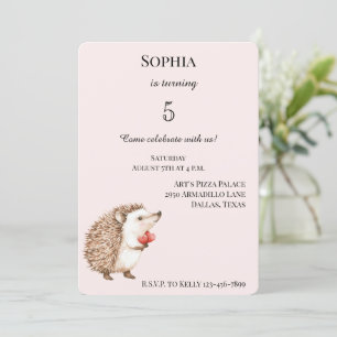 Blush Pink Cute Hedgehog Red Hearts Birthday Invitation