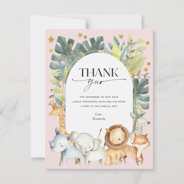 Blush pink cute safari girl baby shower thank you card (Front)