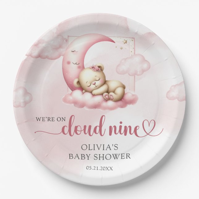 Blush pink cute teddy bear cloud nine girl  paper plate (Front)