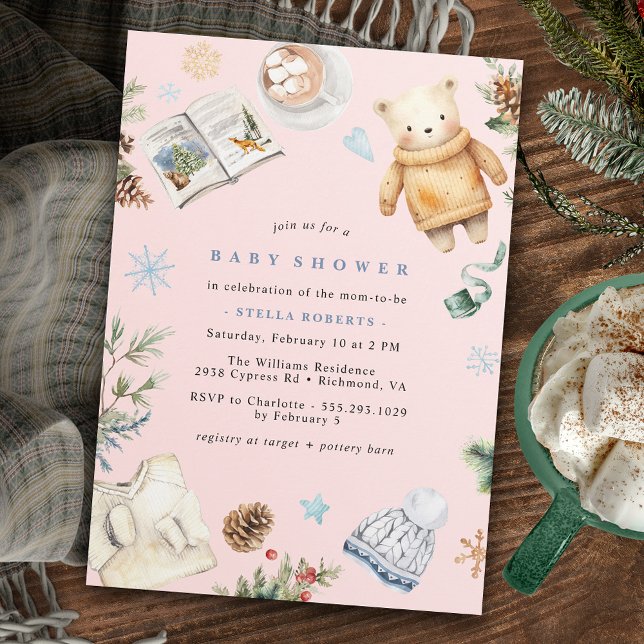 Blush Pink Cute Watercolor Winter Girl Baby Shower Invitation (Creator Uploaded)