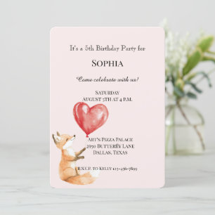Blush Pink Cute Woodland Fox Red Hearts Birthday Invitation