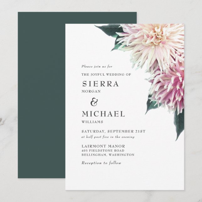 Blush Pink Dahlia Floral Forest Green Wedding Invitation (Front/Back)