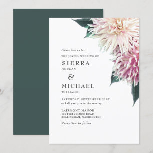 Blush Pink Dahlia Floral Forest Green Wedding Invitation