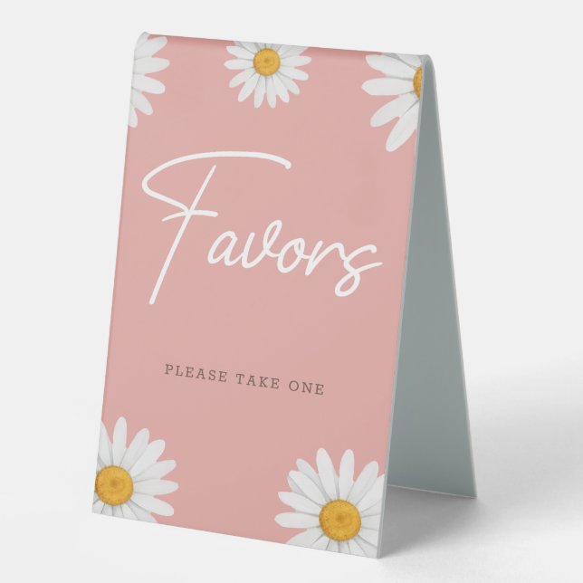 Blush Pink Daisy Baby Shower Favors Table Tent (Front)