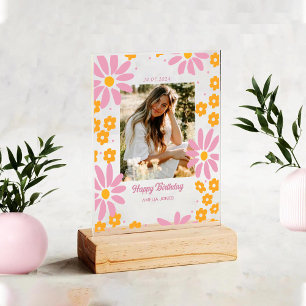 Blush Pink Daisy Florals Happy Birthday Photo Acrylic Sign
