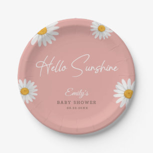Blush Pink Daisy Hello Sunshine Baby Shower Paper Plate