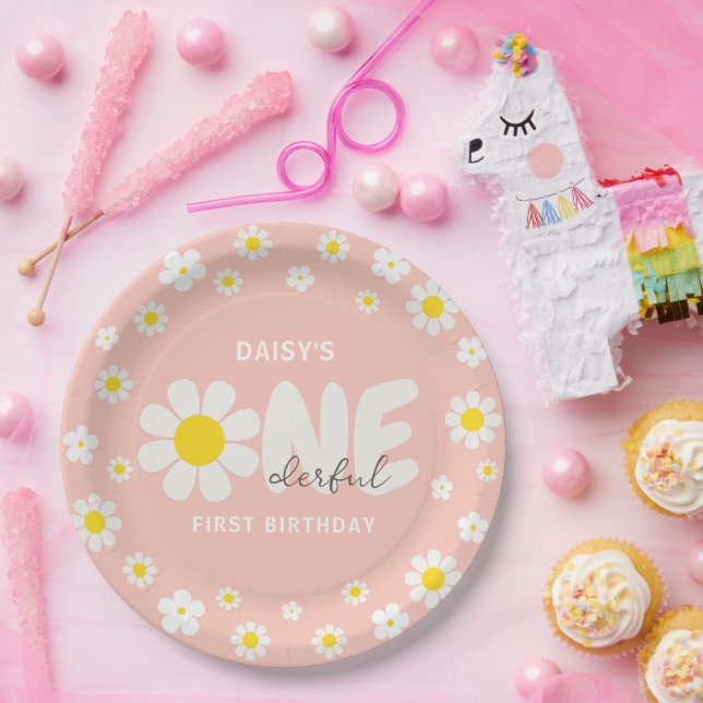 Blush Pink Daisy OneDerful 1st Birthday Party Paper Plate (Party)