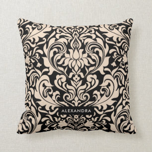 Blush Pink Damask on Black Cushion