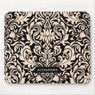 Blush Pink Damask on Black Mouse Mat