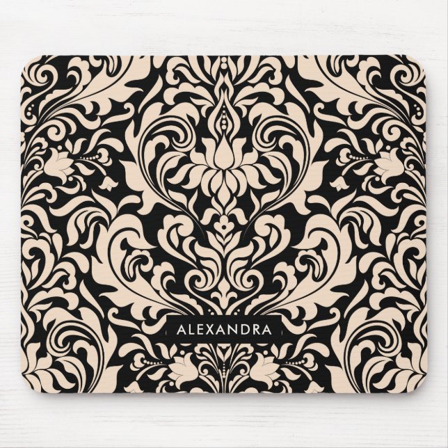 Blush Pink Damask on Black Mouse Mat (Front)