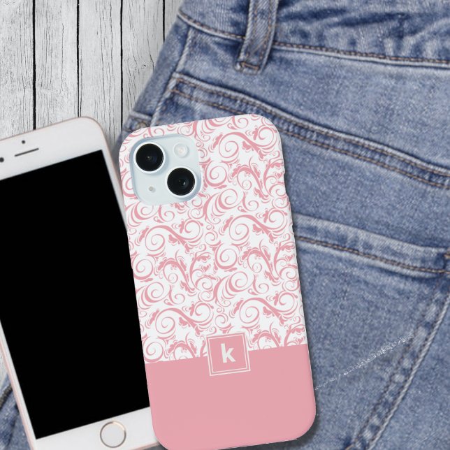 Blush Pink Damask Pattern Monogram  iPhone 14 Case (Creator Uploaded)
